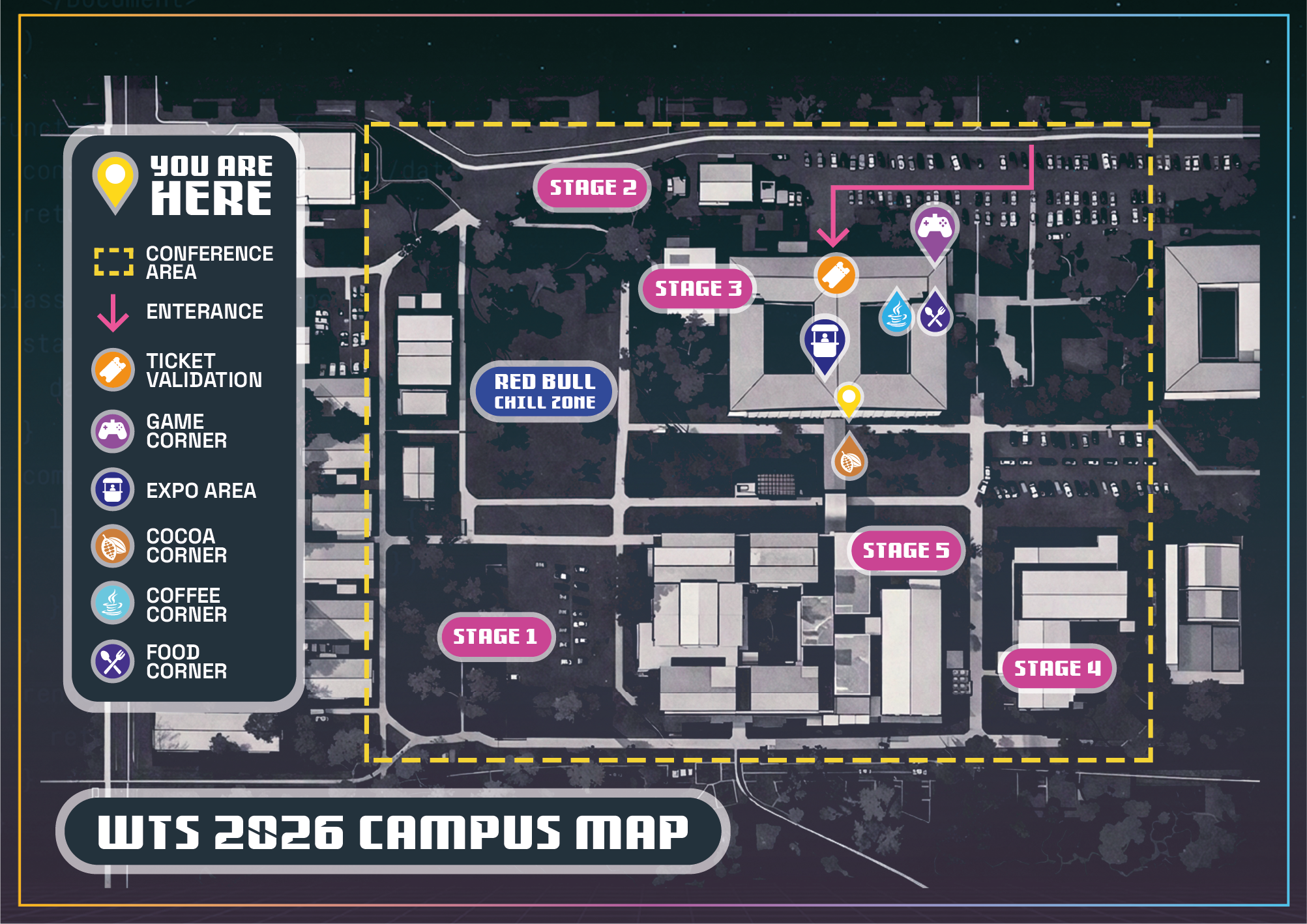 WTS 2026 campus map showing Stages 1–5, the entrance, ticket validation, Red Bull chill zone, coffee, food, cocoa, expo and game areas.